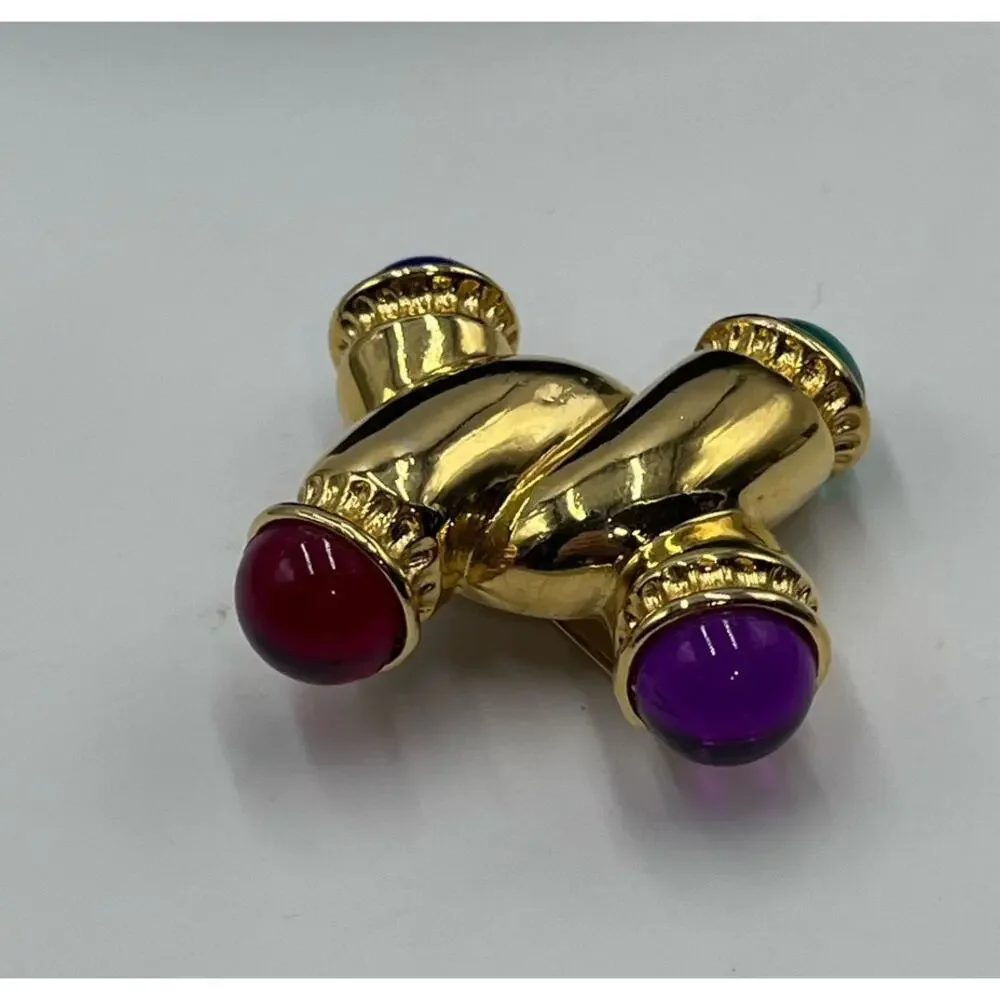 IVANA Signed Vintage Gold W/ Multicolored Cabochons Gripoix Style‎ Brooch